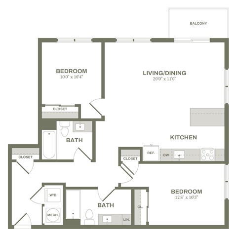 Floor plan for 2 beds, 2 baths, 1045 sqft